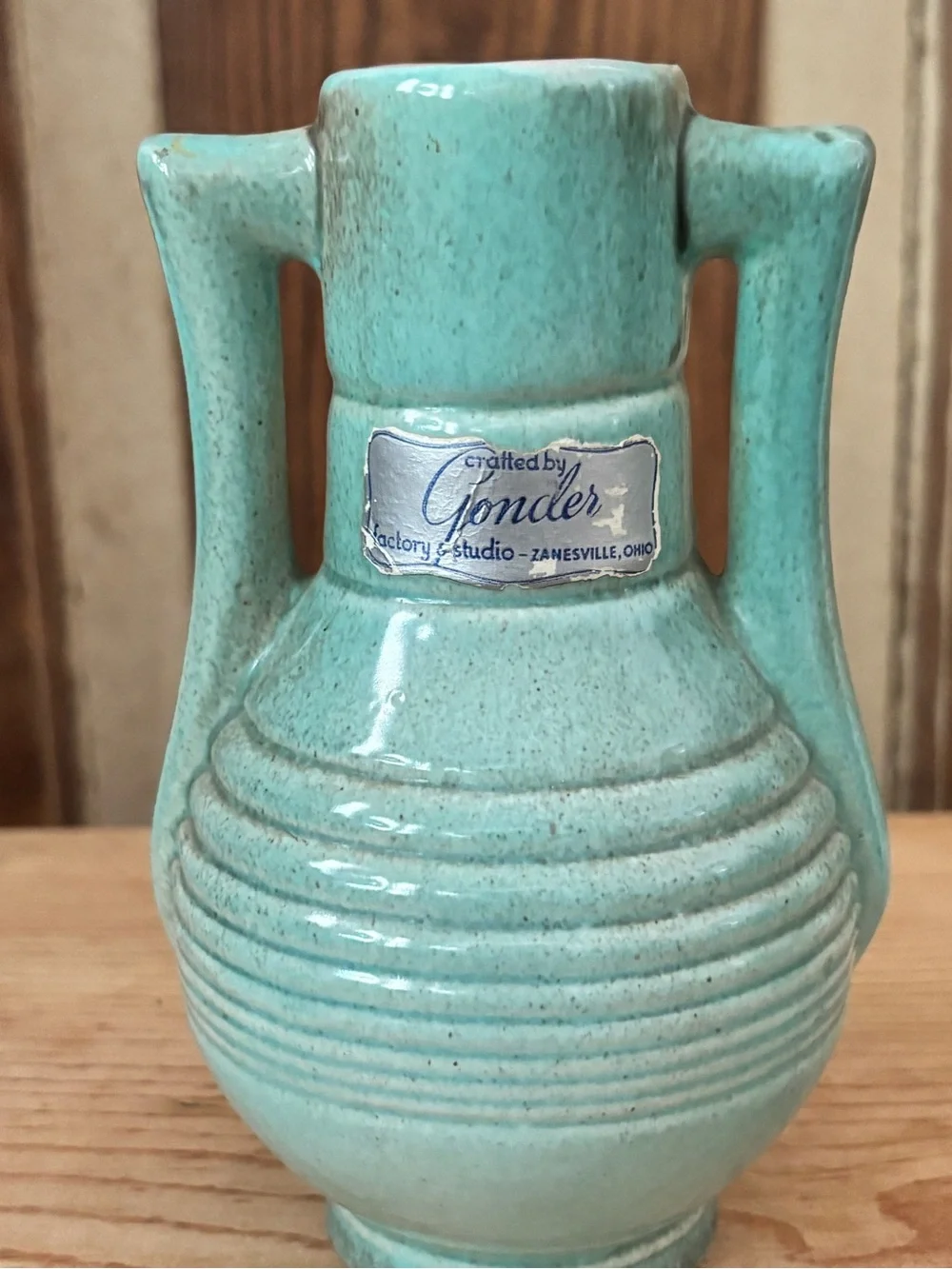 Gonder Art Pottery Double Handled Vase-Blue Green-6.5” tall